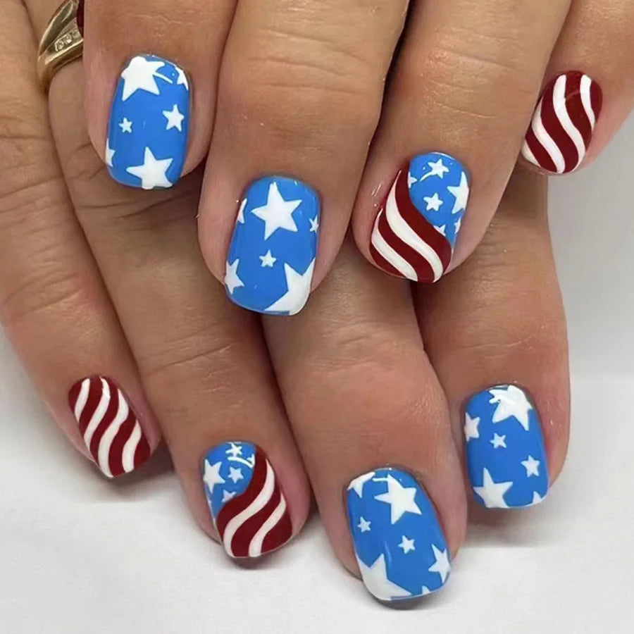 24pcs/set short square fake nails for US Independence Day blue red white star strawberry with glitter press on false nail tips 1367