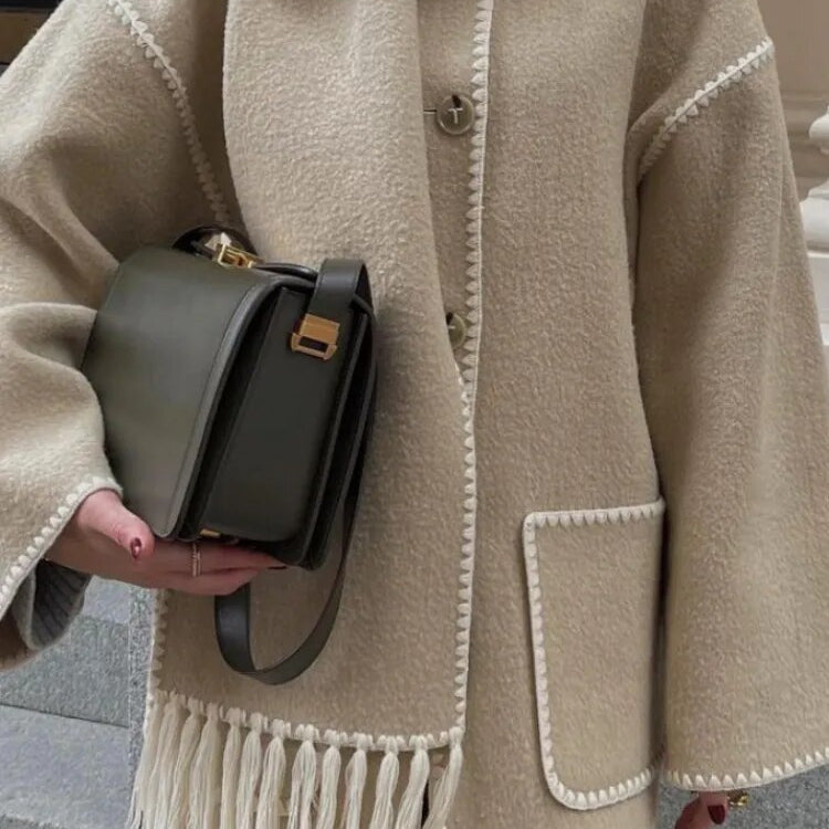 Woolen Jacket Women 2024 Autumn Winter Patchwork Tassel Coats Casual Fashion Long Sleeve Loose Top Warm Women's Suit Streetwear Camel