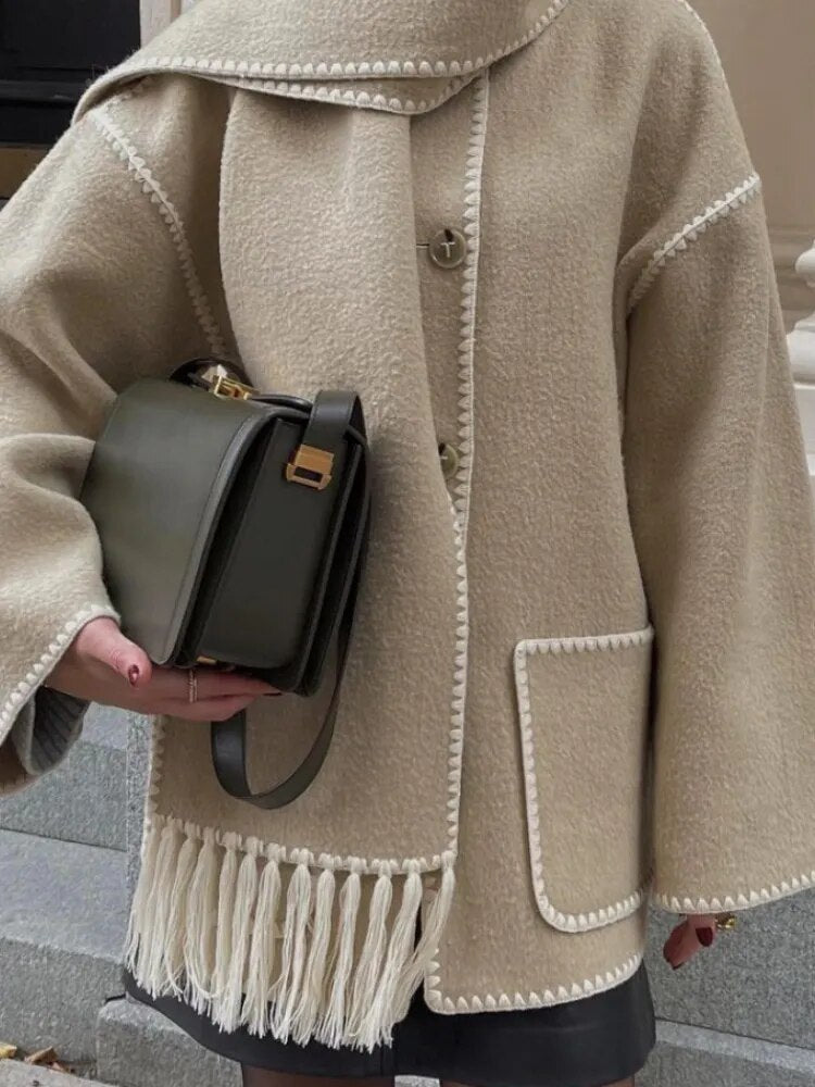 Woolen Jacket Women 2024 Autumn Winter Patchwork Tassel Coats Casual Fashion Long Sleeve Loose Top Warm Women's Suit Streetwear Camel