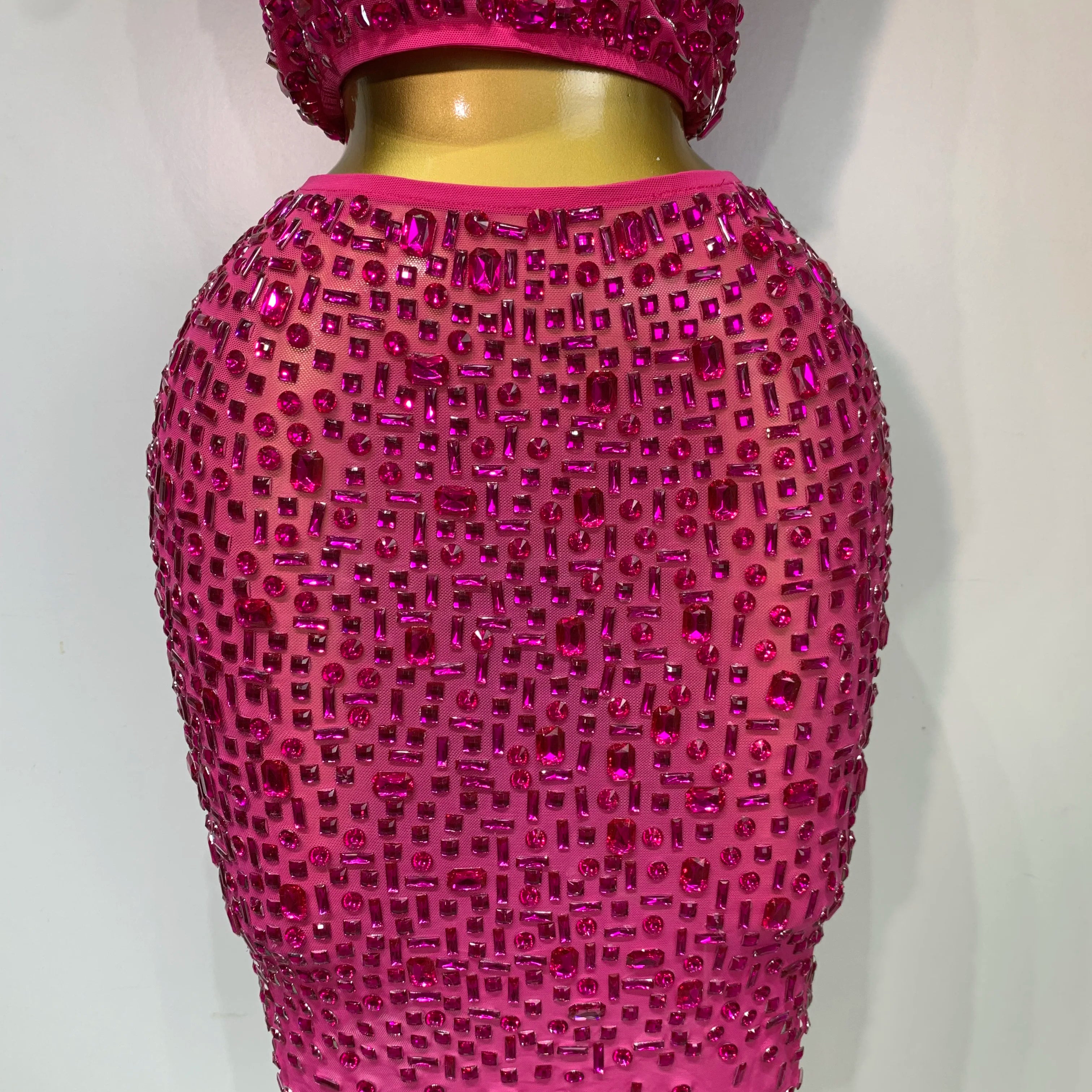 Sexy Sparkly Crystal Diamonds Mesh See Through Two Piece Set Women Elegant Evening Party Costume Singer Stage Performance Outfit