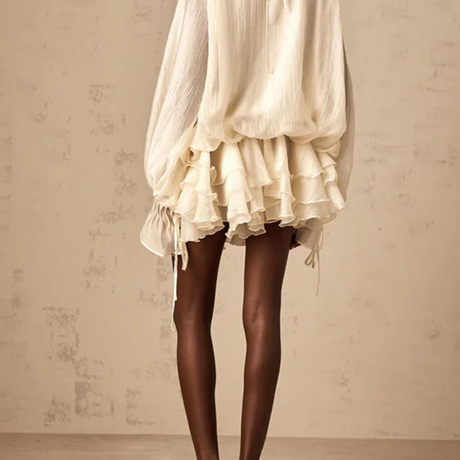 Solid Loose Spliced 3D Flowers Dresses for Women V Neck Long Sleeves Patchwork Ruffles Fold Dress Female Clothing