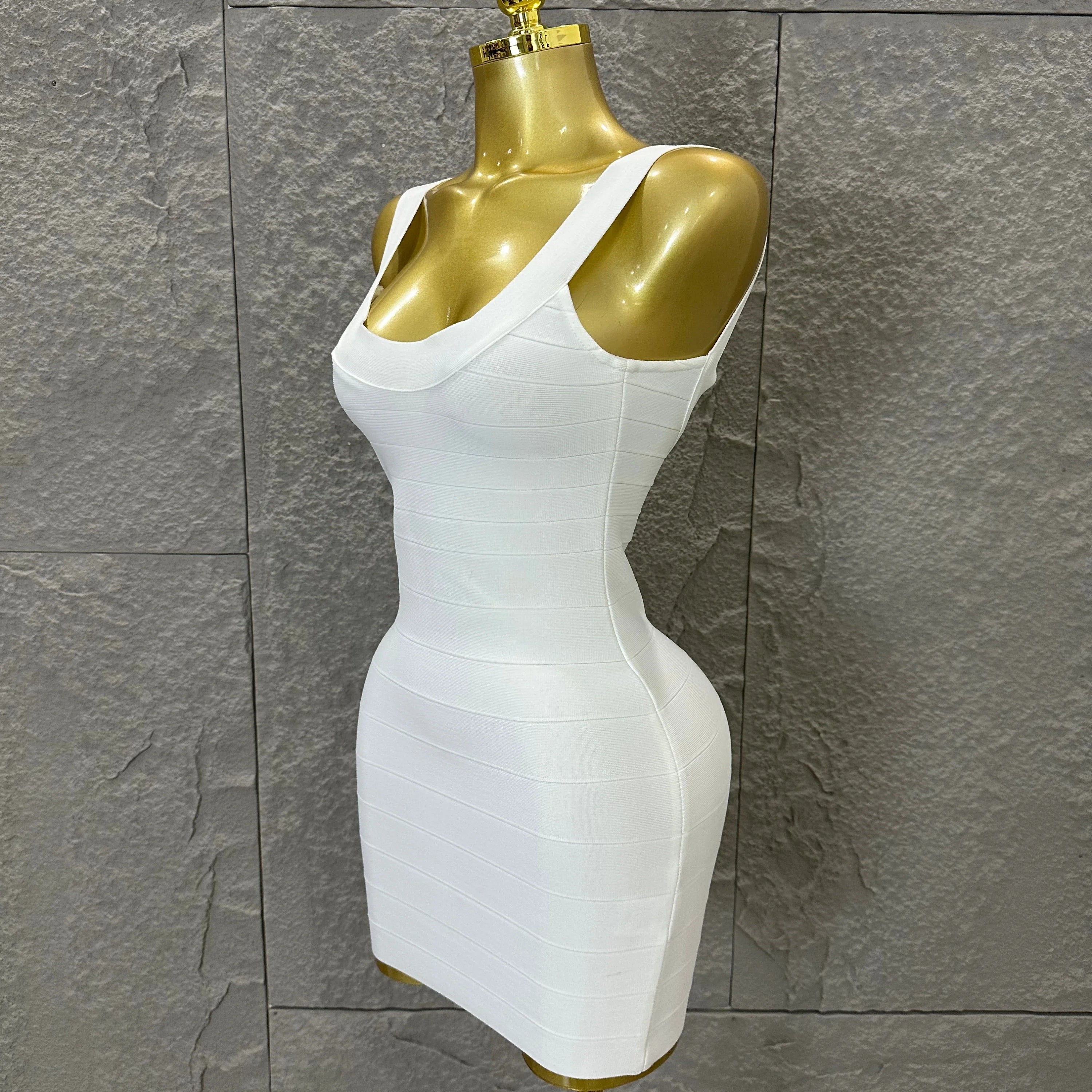Elegant White Bandage Mini Dress Women Sexy Scoop Neck Sleeveless Bodycon Evening Party Cocktail Party Costume