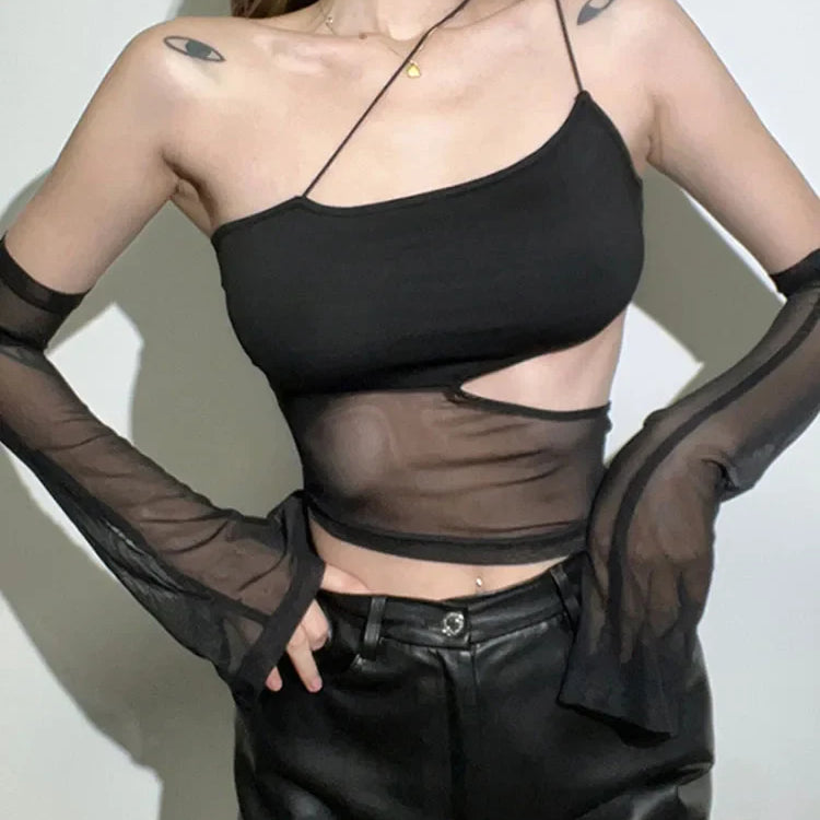 Asymmetrical Cut Out Mesh Crop Top with Sleeves Fairy Grunge Clothes Transparent Camisole Tank Tops