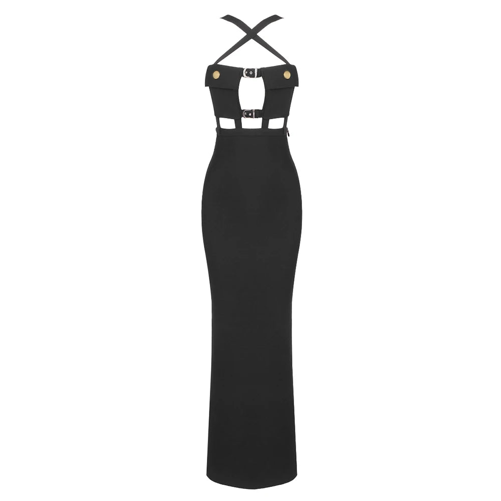 Black Bandage Long Dress Women Sexy Slim Cross V-Neck Sleeveless Hollow Out Celebrity Party Dress Vestidos black