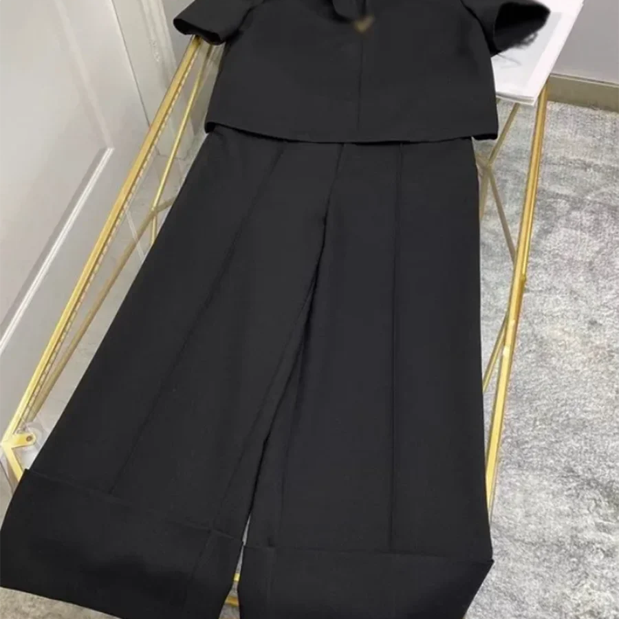 Solid Elegant Two Piece Sets for Women Lapel Short Sleeve Spliced 3D Flower Top High Waist Wide Leg Pant Set Female BLACK