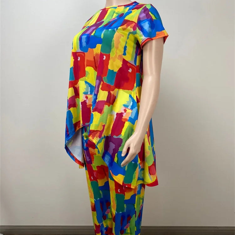 Wmstar Women Plus Size Two Piece Set 5XL Summer Casual Print T Shirt Wide Leg Pants Female Outfits Wholesale Dropshipping 2024