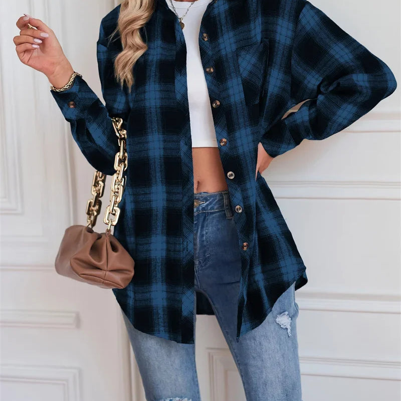 Flannel Plaid Shirt Women Autumn Loose Button Up Lapels Tops Casual Checkered Long Sleeve Blouse Ladies Pockets Basic Female New