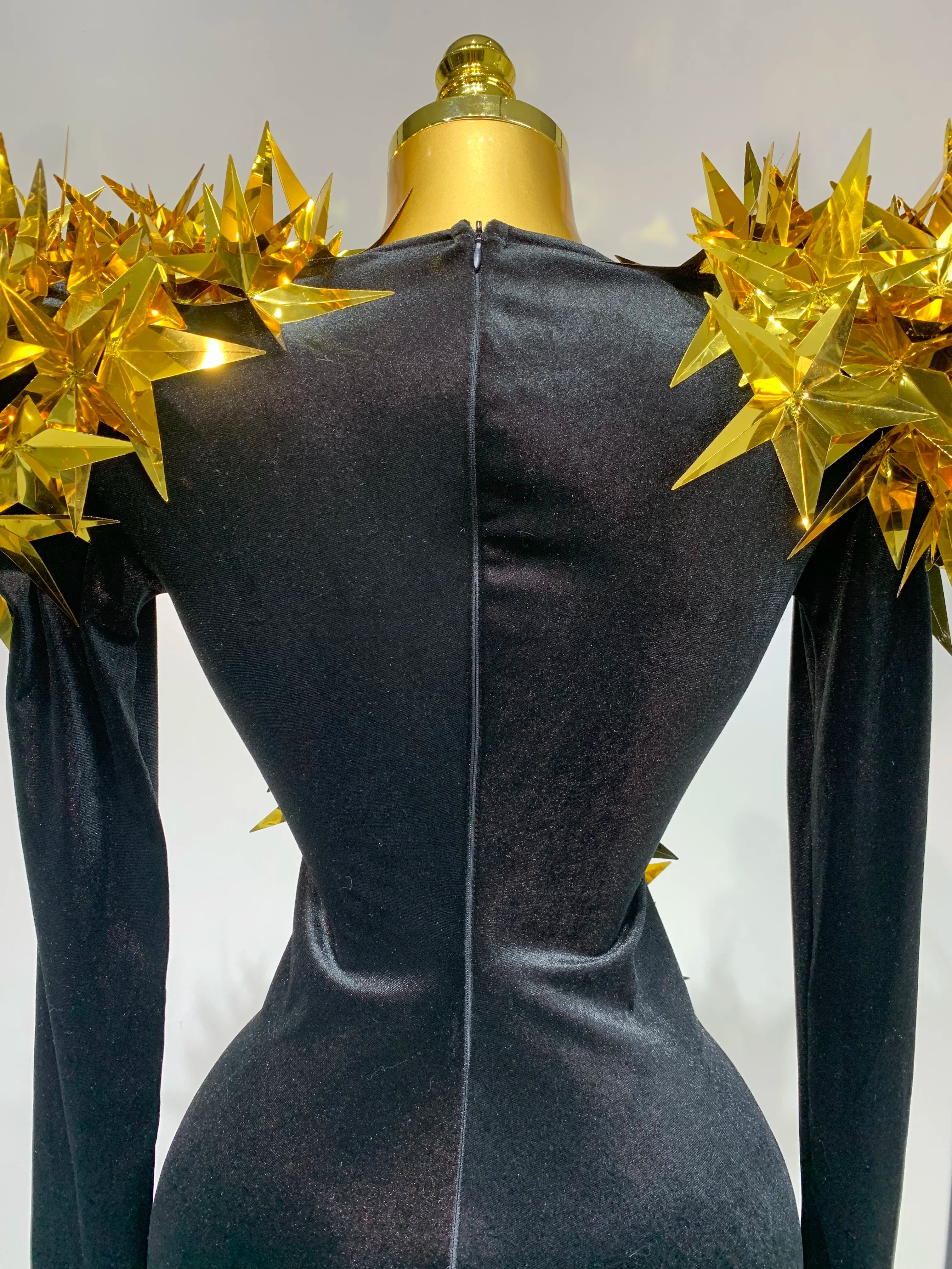 Women Sparkly Gold Rhinestone Black Velvet Long Sleeve Bodysuit Evening Party Club Gala Hosts Night Club Bar Stage Costumes