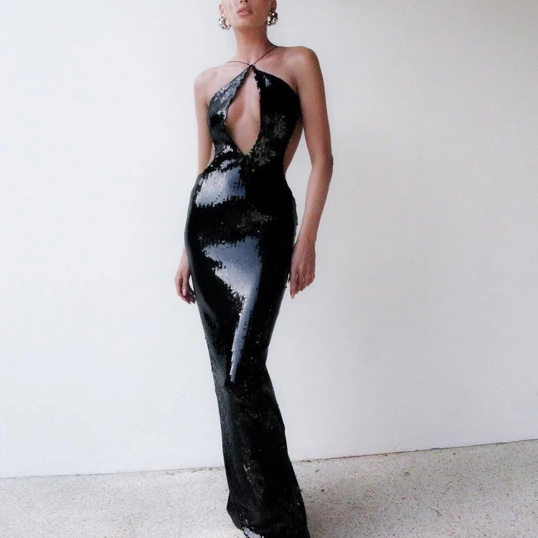 STOCK Black Sequins Sexy Holllow Out Backless Halter Bodycon Long Dress Celebrity Birthday Party Dress Club Party Outfit black