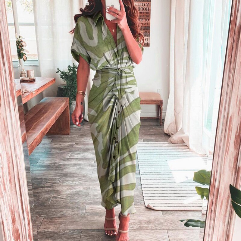 Women Sexy Bandage Shirt Dress Vintage Printed V Neck Ruched Long Dress Female Elegant Button Short Sleeve Beach Maxi Dress Robe
