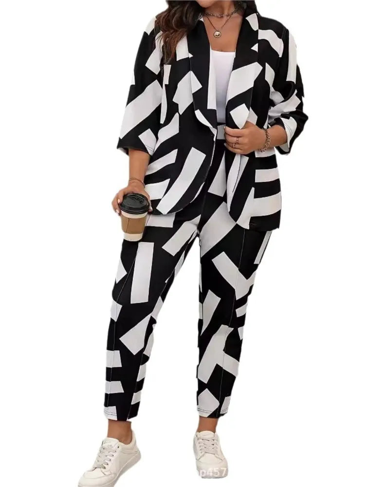 Plus Size Autumn Graffiti Print 2 Two Piece Set Women Long Sleeve Modis Ladies Blazer Suits Casual High Waist Woman Pencil Pants