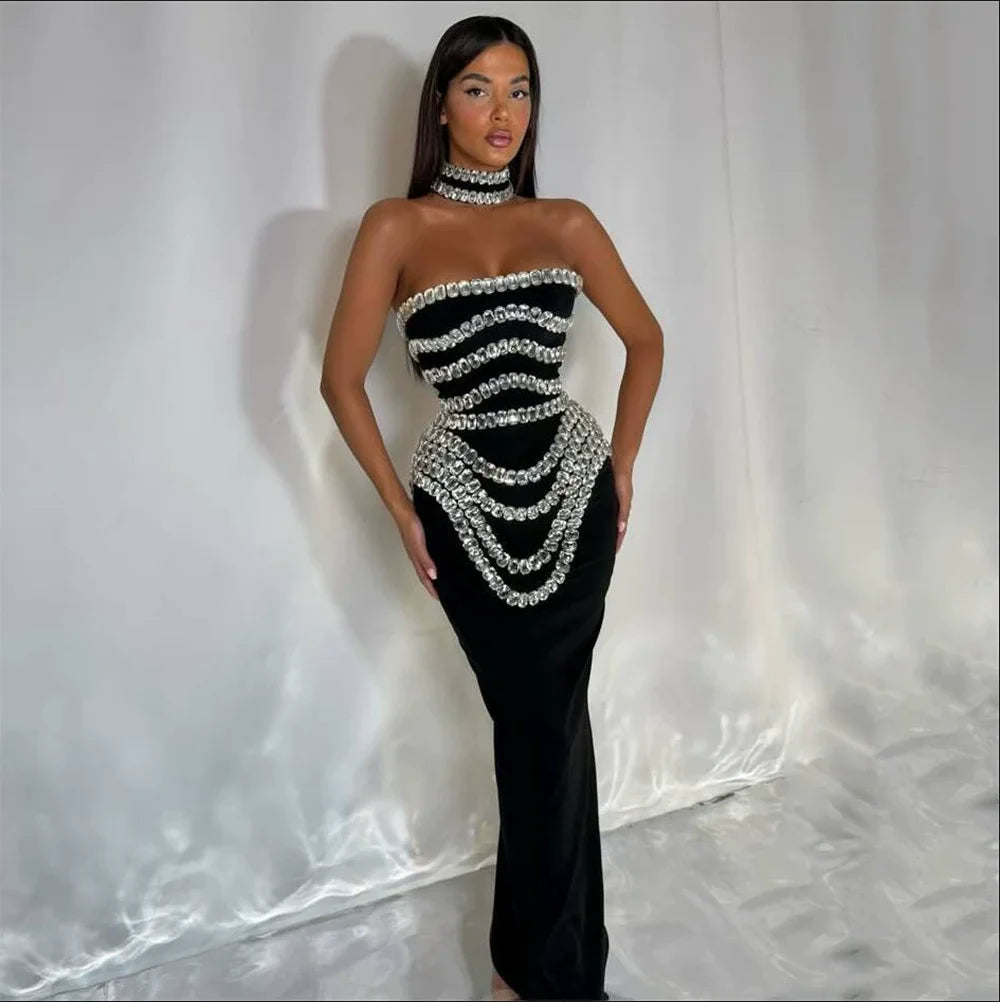 2025 New Spring Women Sexy Strapless Big Crystal Bodycon Long Bandage Dress Celebrate Evening Party Fashion Cocktail Dress black