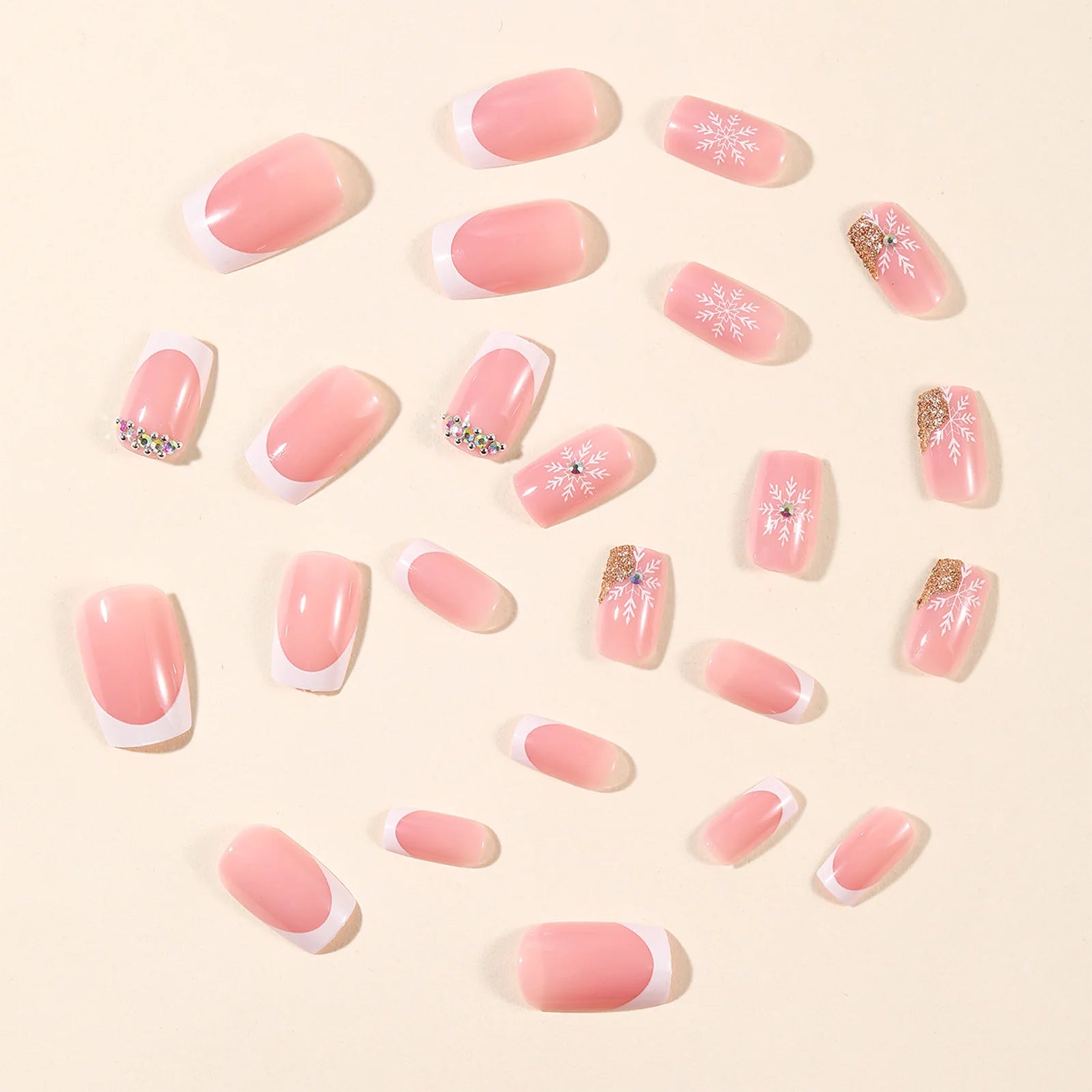 Nude Pink Fake Nails 24Pcs White French Press On Nails Snowflake Printed Women Girls Christmas Party Wearable False Nails Art