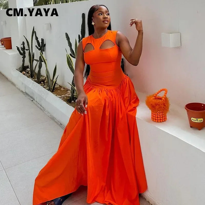 CM.YAYA 2024 Summer Sleeveless Sweet Cute O-Neck Hollow Out Slim Floor-Length Long Women Dress Beach Streetwear Maxi Dresses