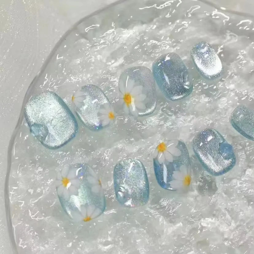 10pcs Handmade Press on Nail Ice Blue Ocean Star Ice-transparent Texture False Nail for Women&Girl Short Oval Wearable Nail 503S