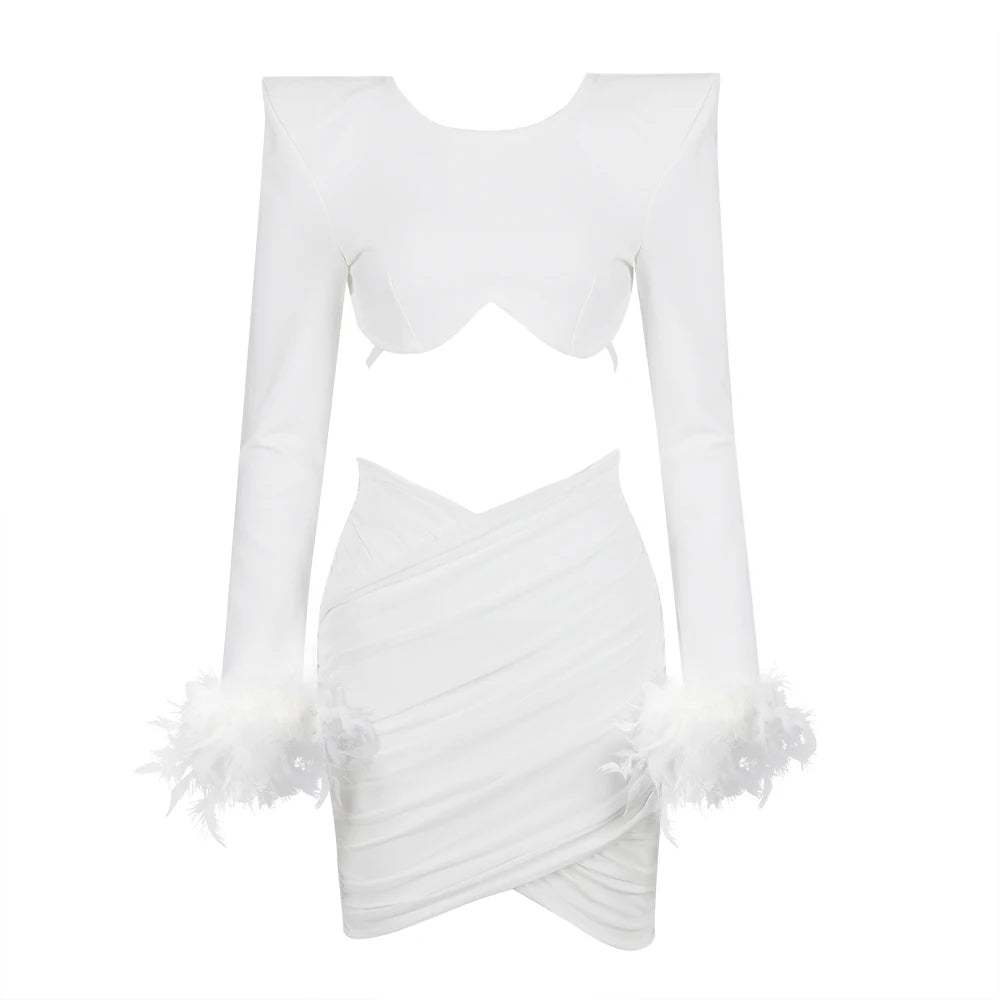 Summer Women'S Sky Blue White Sexy Two-Piece Skirt Feather Pleated Top Pencil Skirt Celebrity Party Bandage Set WHITE