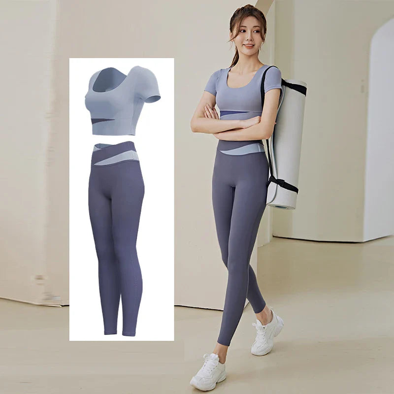 Women 2 Pcs Gym Set Sports Crop Top Bra Running Fitness Yoga Suit Sport Outfit Gymwear Lady Workout Clothes High Waist Leggings Blue