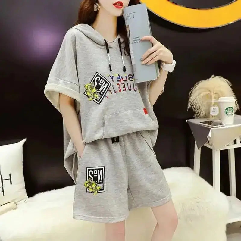 Women's Casual Suit 2025 Summer New Large Cotton Hooded Short-Sleeved Tops And Shorts Two Piece Set Household Plus Size Clothing