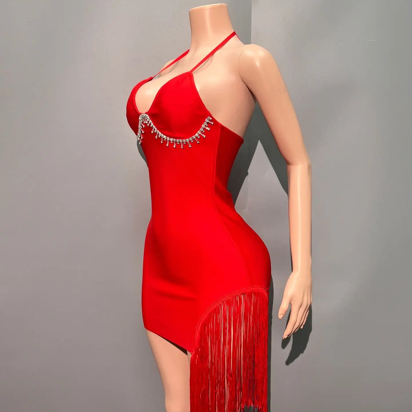 Red Black Women Sexy Halter Off the Shoulder Bodycon Mini Bandage Dress Tassel Celebrate Nightclub Party Bar Singer Outfit