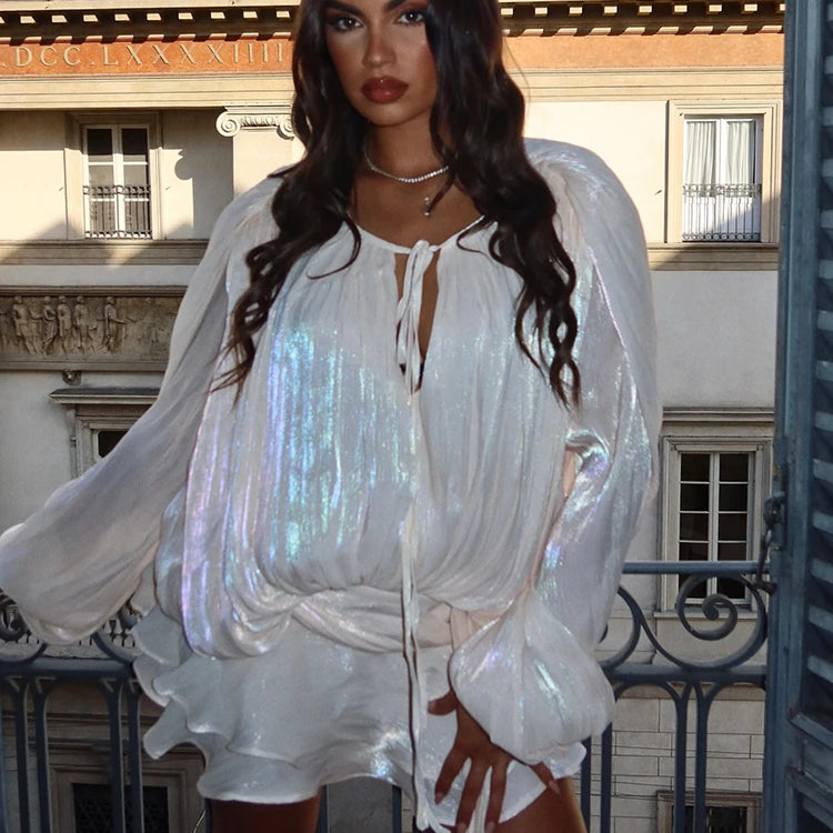 Chic Chiffon Mini Dress with Tie-Neck and Lantern Long Sleeves for a Garden Party Evening Gown