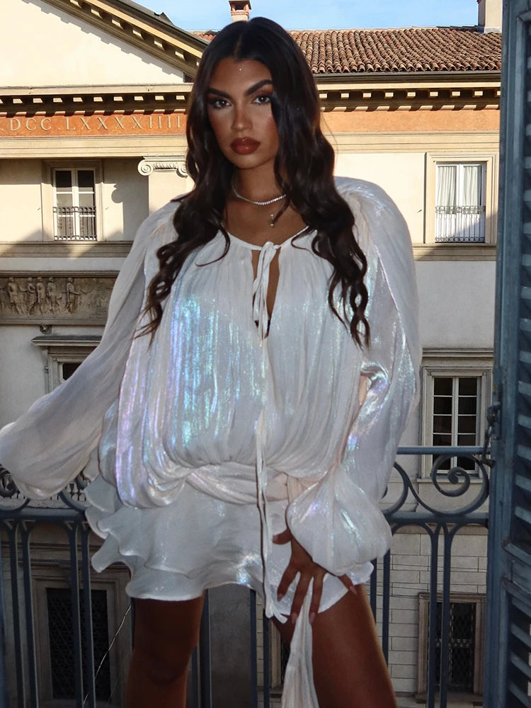 Chic Chiffon Mini Dress with Tie-Neck and Lantern Long Sleeves for a Garden Party Evening Gown