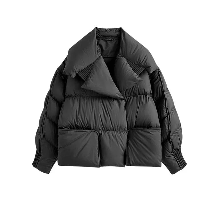 Luxury Design pockets zipper cropped down jacket for women Winter Warm Knit patchwork puffer coat Oversize INKEO DJ054 black