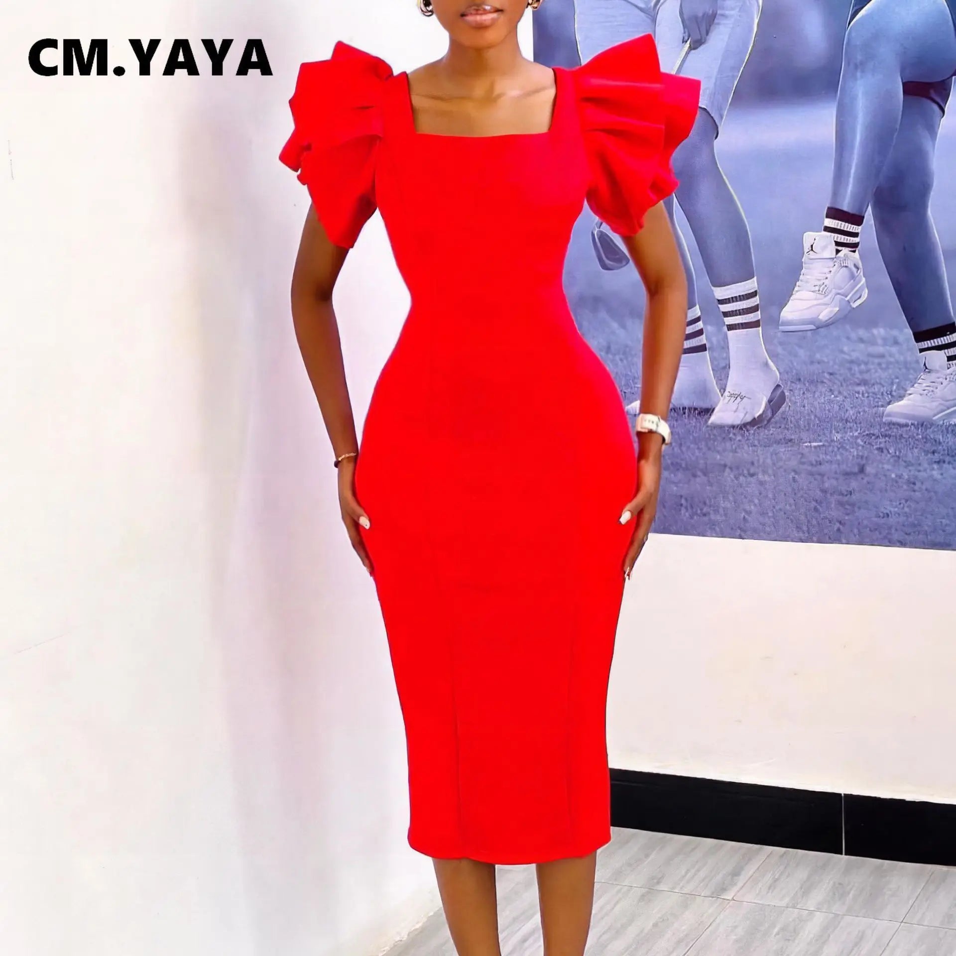 Women Ruffles Short Sleeve Square Collar Knee Length Dress Street Vestidos Sexy Night Club Party Evening Chic Dresses