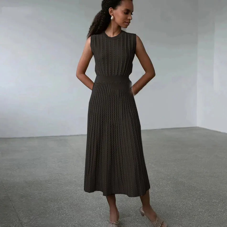 2024 New Listing Elegant Striped Knit Dress Women O-neck Sleeveless A-line Dresses Club Evening Party Midi Vestido black