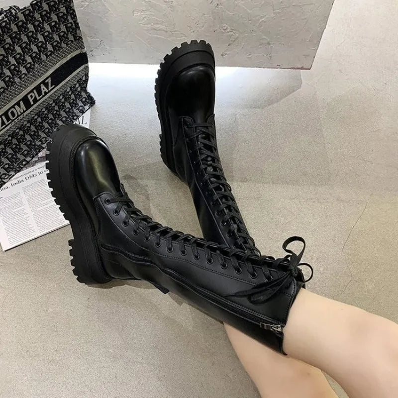 Women Motorcycle Boots Wedges Flat Shoes Woman High Heel Platform PU Leather Boots Lace Up Women Shoes Black Boots