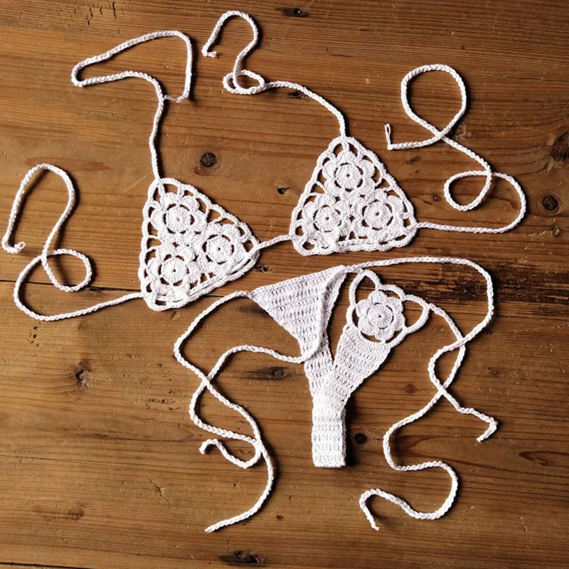 Women Sexy Handmade Bikini Sets Crochet Flower Solid Color Lace Thong String Swimwear Sunbathing Swimsuit Beach Wear Lace-up White one size