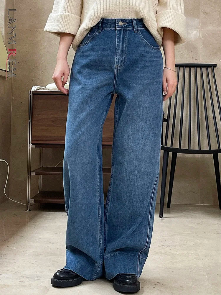 [LANMREM] Vintage Washed Jeans For Woemn High Waist Wide Leg Pants Fashion Streetwear Loose Female Trousers Spring New 26D4