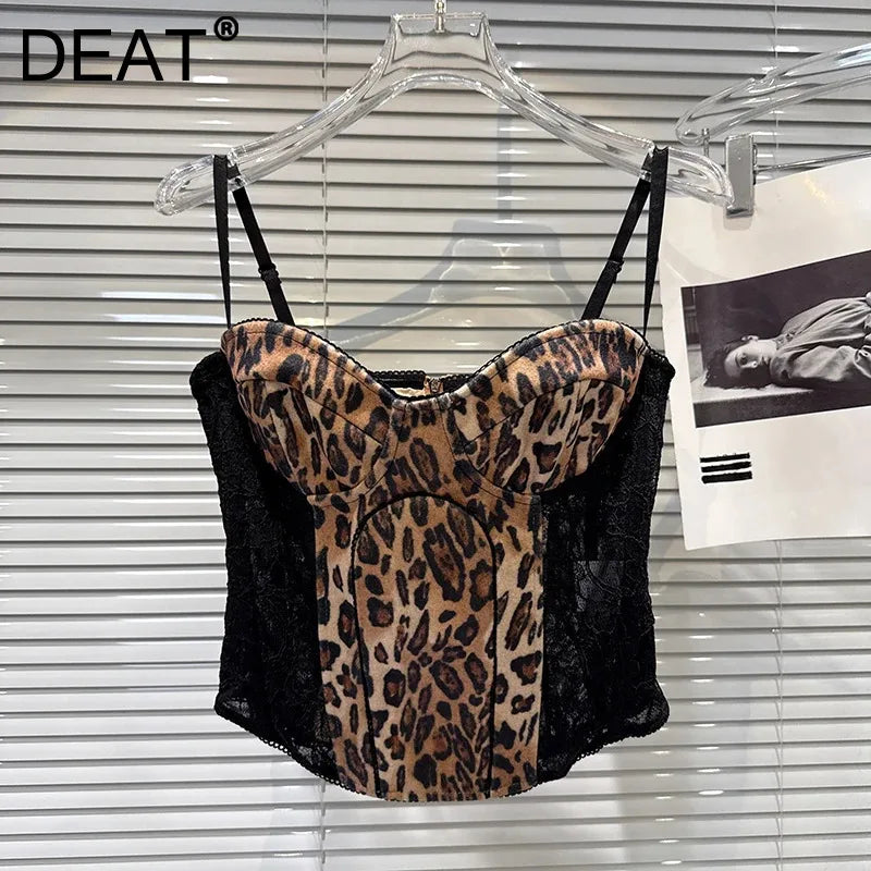 Winter New Fashion Yellow Leopard Print Patchwork Lace Fishbone Waist-Cinching Camisole For Women Tank Tops 11A07584