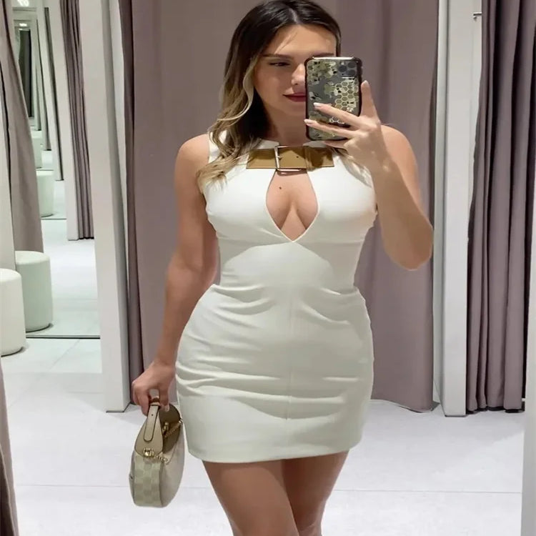 Elegant Solid Slim Sleeveless White Mini Dress Women Sexy Hollow Out Leather Buckle Short Vestidos Chic Ladies Streetwear