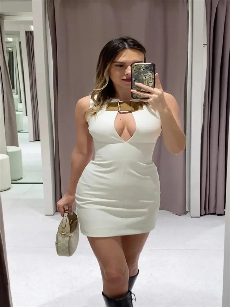 Elegant Solid Slim Sleeveless White Mini Dress Women Sexy Hollow Out Leather Buckle Short Vestidos Chic Ladies Streetwear