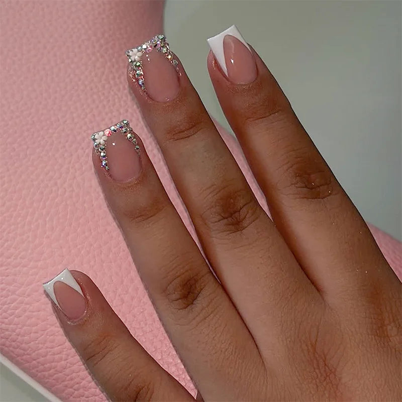 24Pcs Leopard Print French Press on Fake Nails Short Square Head Reusable Full Cover Nails Tips 3D Flower Rhinestone False Nails 1XG1-13238