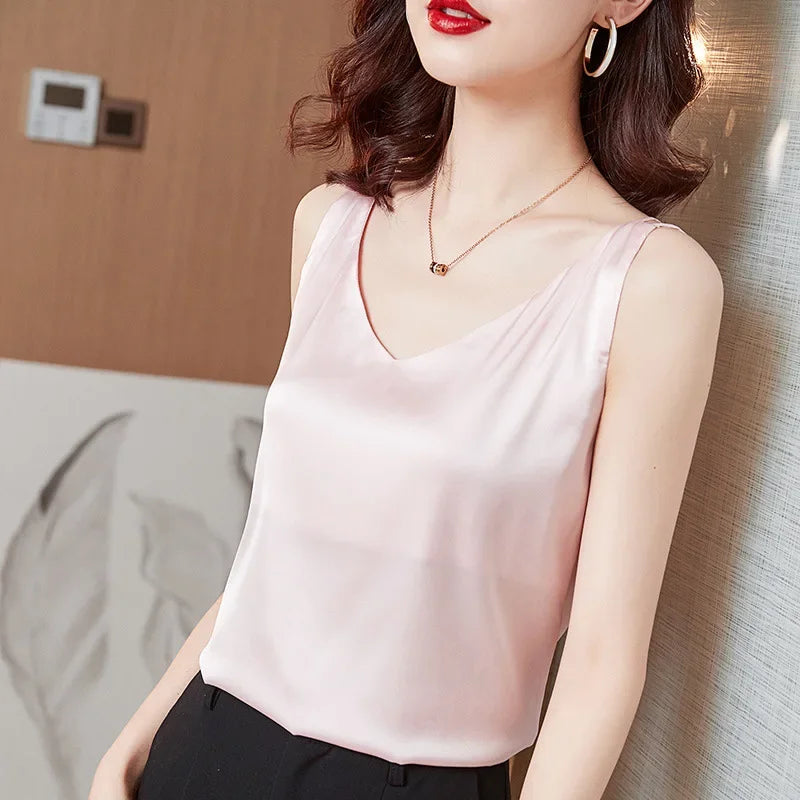 Ice Silk Camisole Women's V-neck Tops White Satin Camis Mulberry Summer Ladies' Crop Top Women Solid Blouse Vest Pink