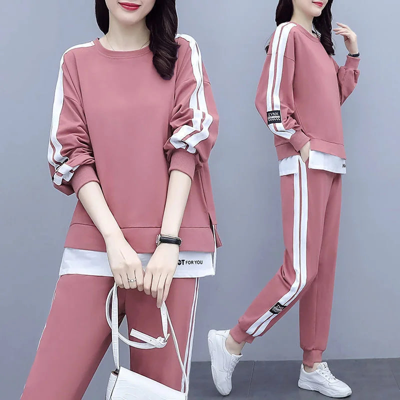 Women's Large Sweat Suit 2025 Spring Autumn New Plus Size Clothing Elegant Fashion Tops T-shirt Pants 2 Two Piece Sets For Women Pink