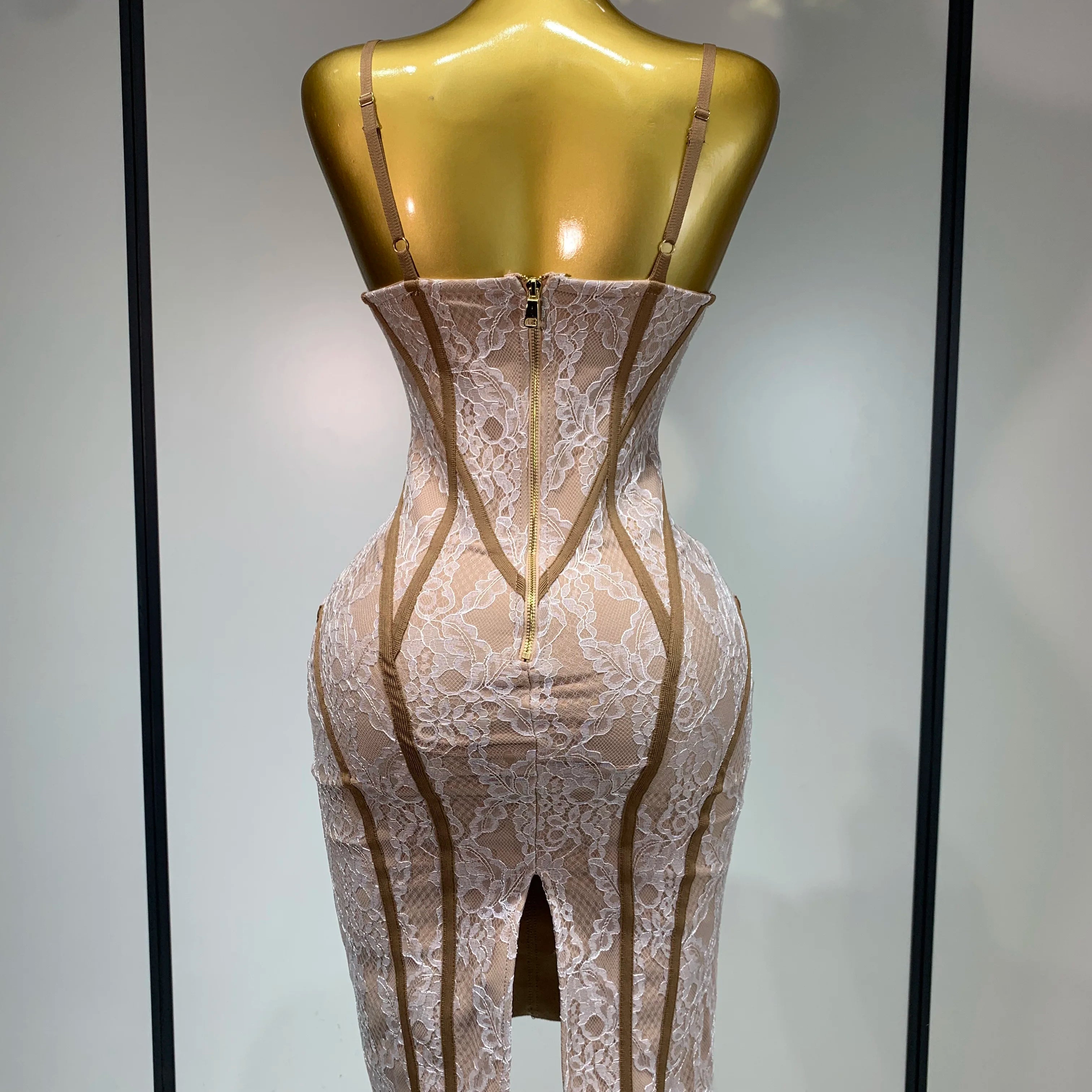 Luxury Birthday Dress Women 2025 Khaki Spaghetti Strap Lace Sexy Bodycon Celebrity Elegant Cocktail Club Party Bandage Dress