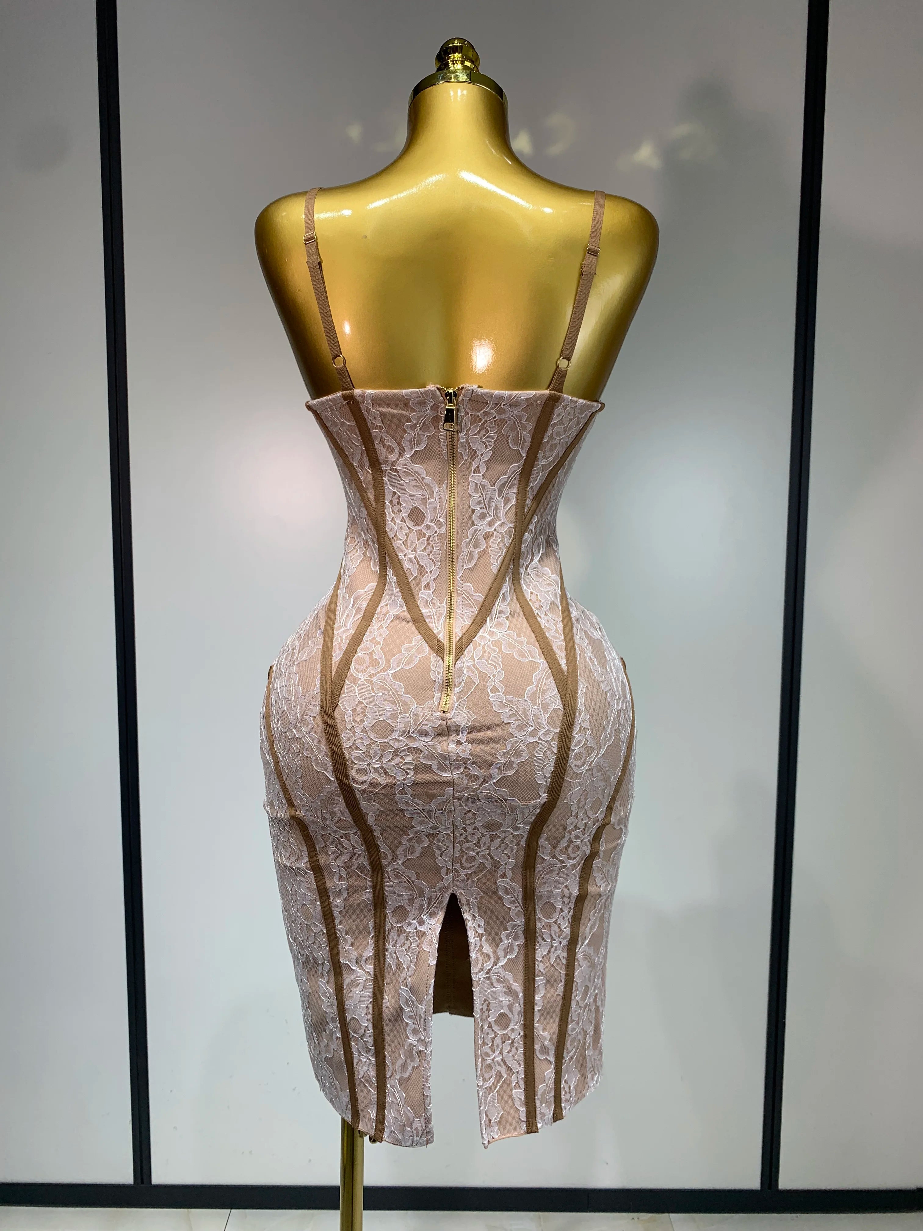 Luxury Birthday Dress Women 2025 Khaki Spaghetti Strap Lace Sexy Bodycon Celebrity Elegant Cocktail Club Party Bandage Dress