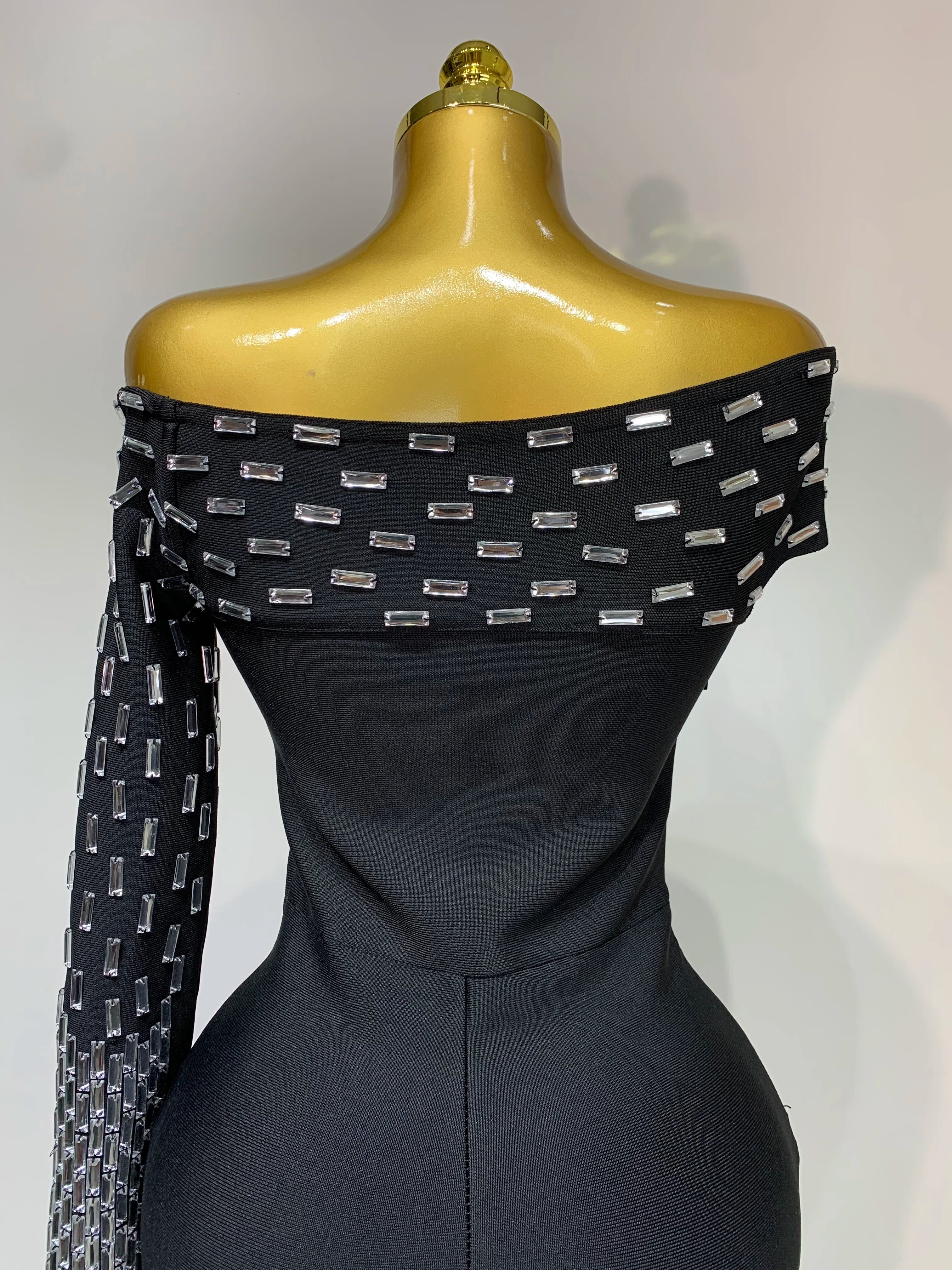 Women Celebrity Sexy Off-shoulder Diamonds Black Maxi Long Bandage Dress Evening Party Celebirty Elegant Stage Performance Dress