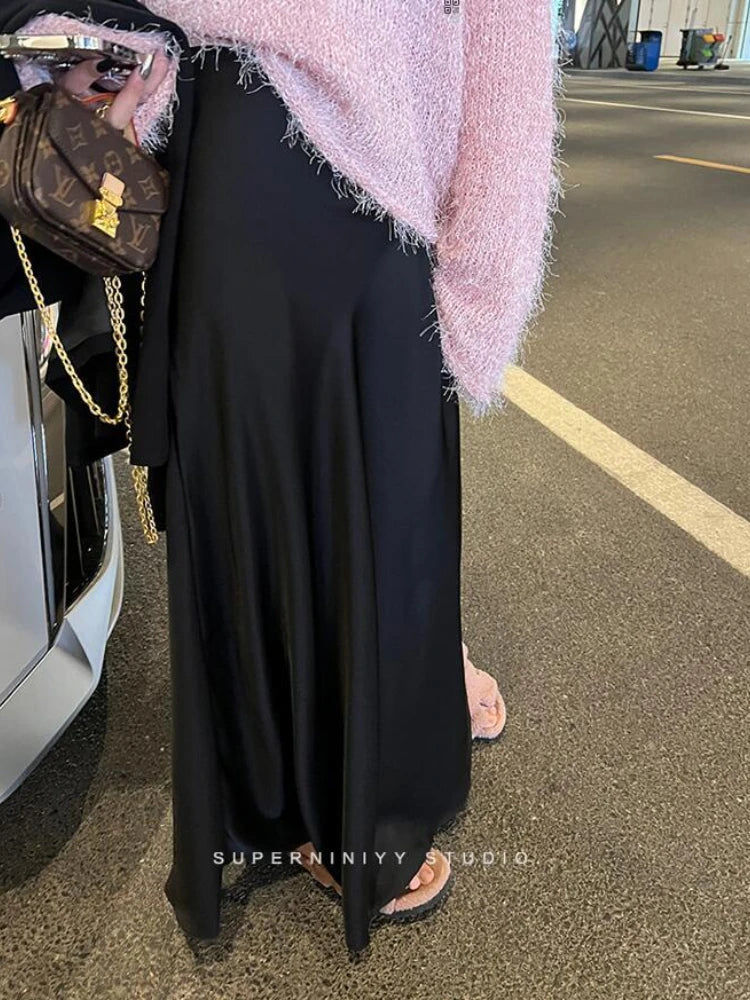 HOUZHOU Elegant Satin Skirt Summer Women Korean Fashion Solid High Waist Casual Long Skirts White Streetwear Office Lady