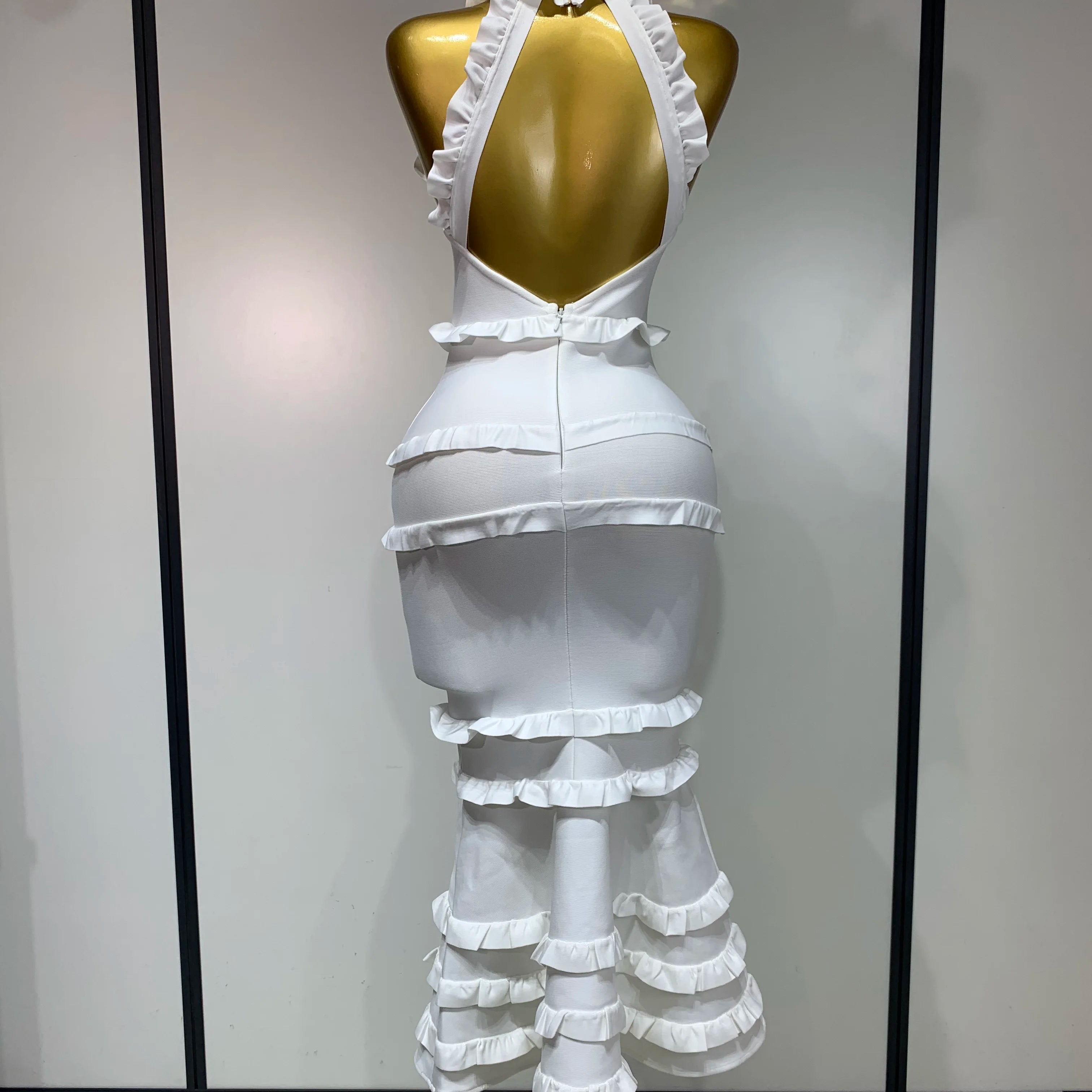 2025 New High quality White Elagant Retro Ruched High Collar Bodycon Bandage Dress Evening Party Fashion Simple Birthday Gown