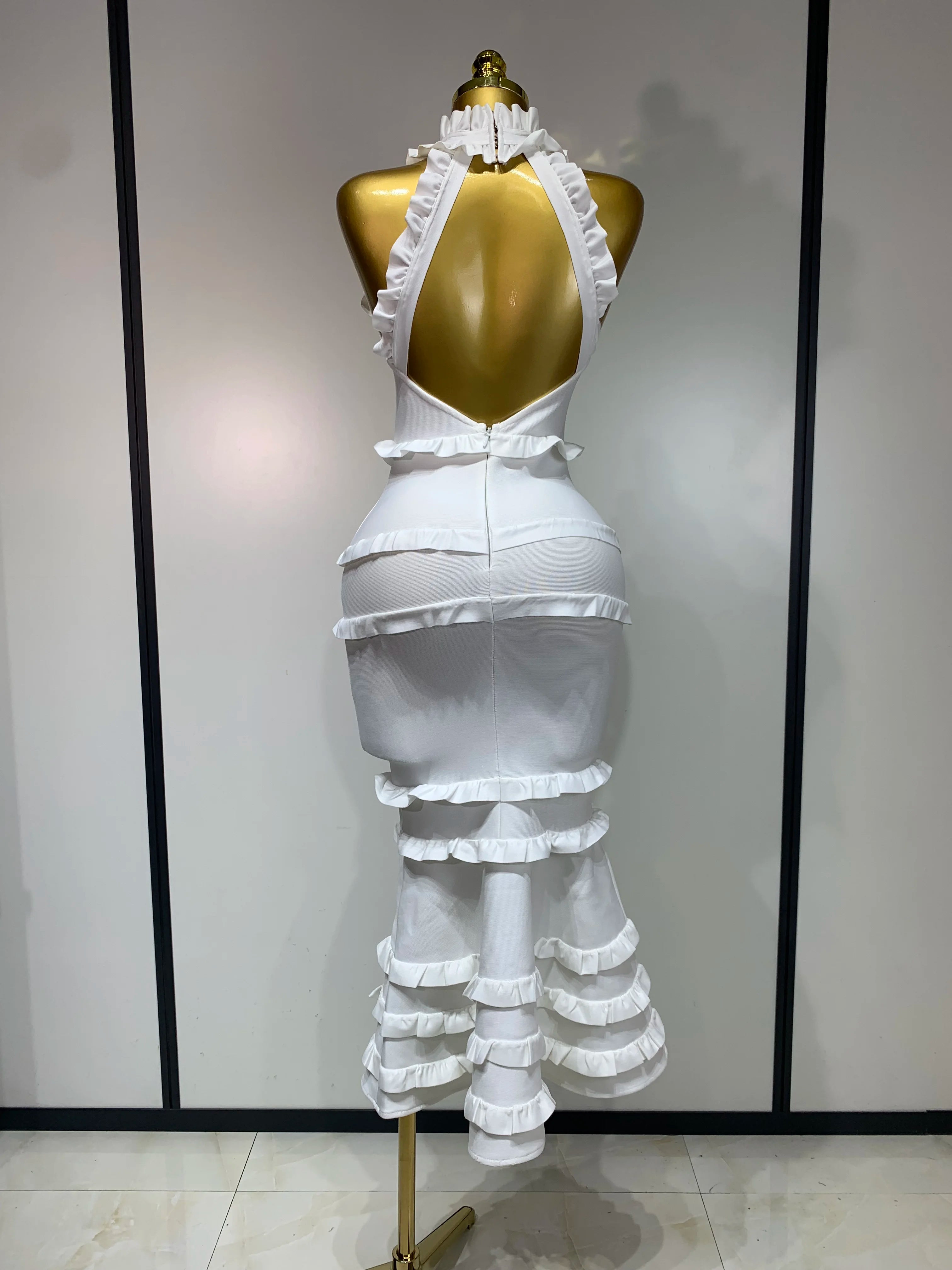 2025 New High quality White Elagant Retro Ruched High Collar Bodycon Bandage Dress Evening Party Fashion Simple Birthday Gown