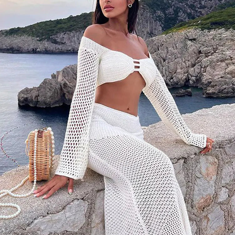 Summer Women's New White Tethered Long-sleeved Hip Casual Hollow Out Knitted Long Skirt Suit Bikini Cover Up Beach Dress A1882