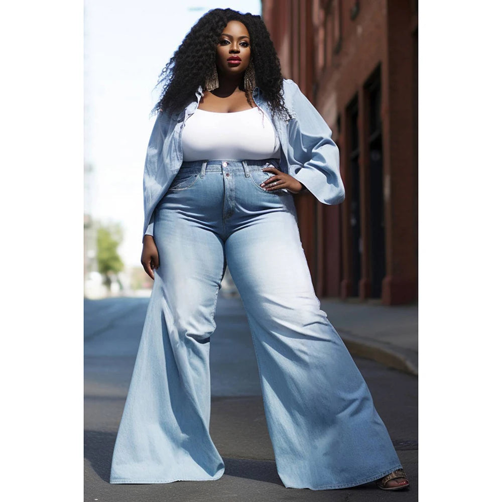 Plus Size Women'S Denim Suit Light Blue Spring And Summer Shirt Collar Long Sleeve Denim Fashion Tops And Bottoms Two-Piece Suit Light Blue