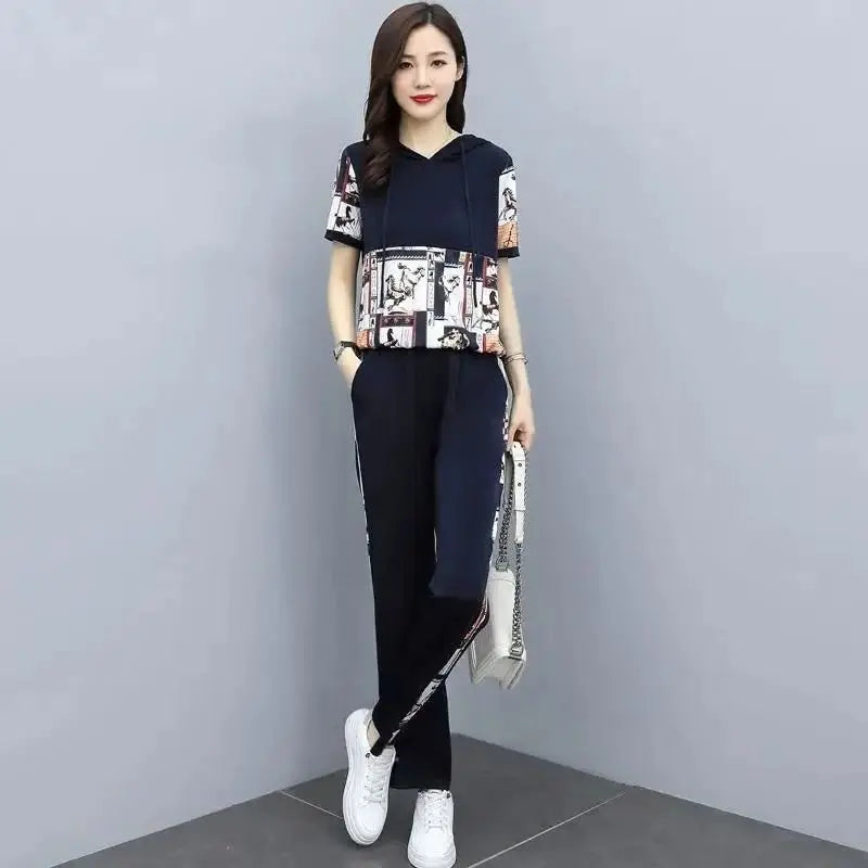 Women's Large Autumn New Casual Suit Loose Fashion Printed Hooded Short Sleeve Tops And Pants 2 Two Piece Set Plus Size Clothing