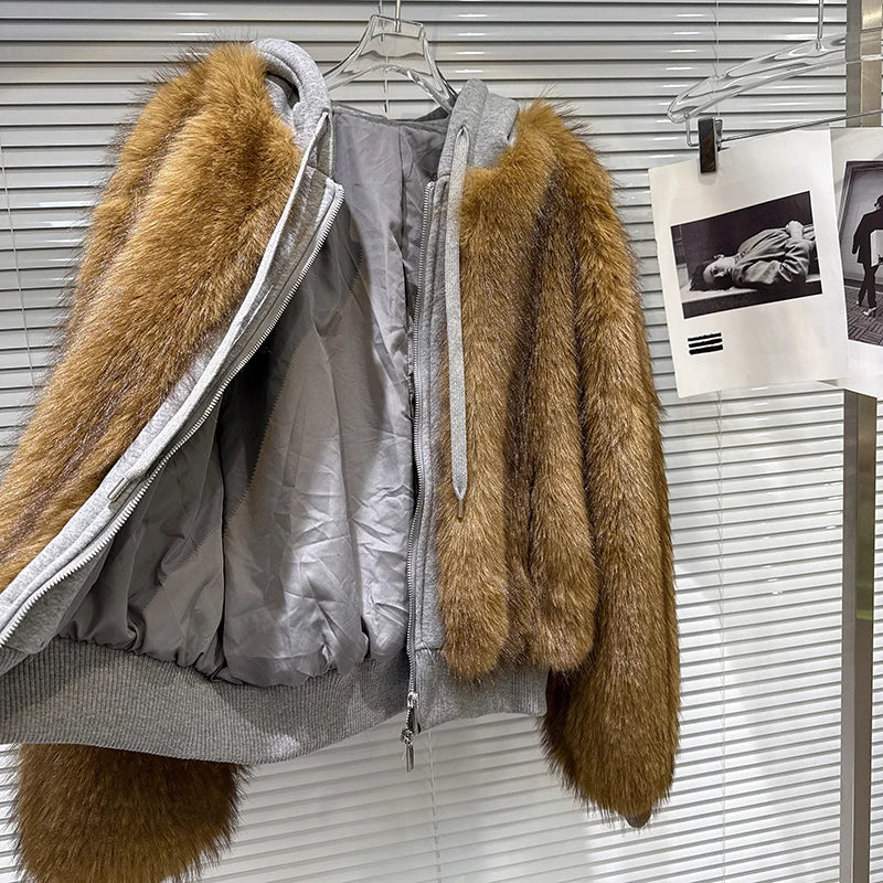 Winter New Trendy Fashion Furry Patchwork Design Sweatshirt For Women Loose Hooded Short Jacket Female 11A07771