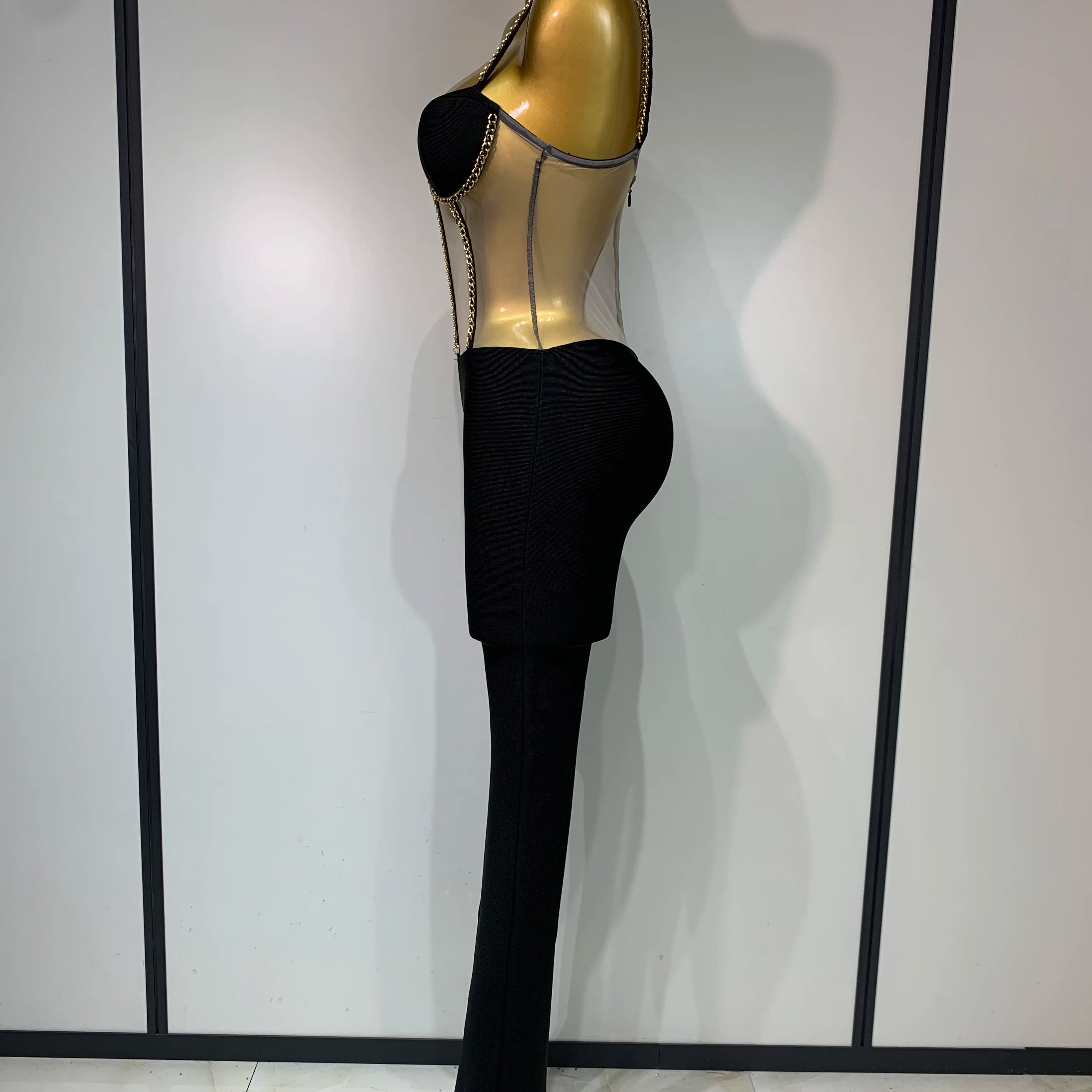 Women Luxury Sexy Sleeveless Mesh Chain Black Bodycon Bandage Jumpsuit 2025 Fashion Party Celebrity Designer High Street Rompers