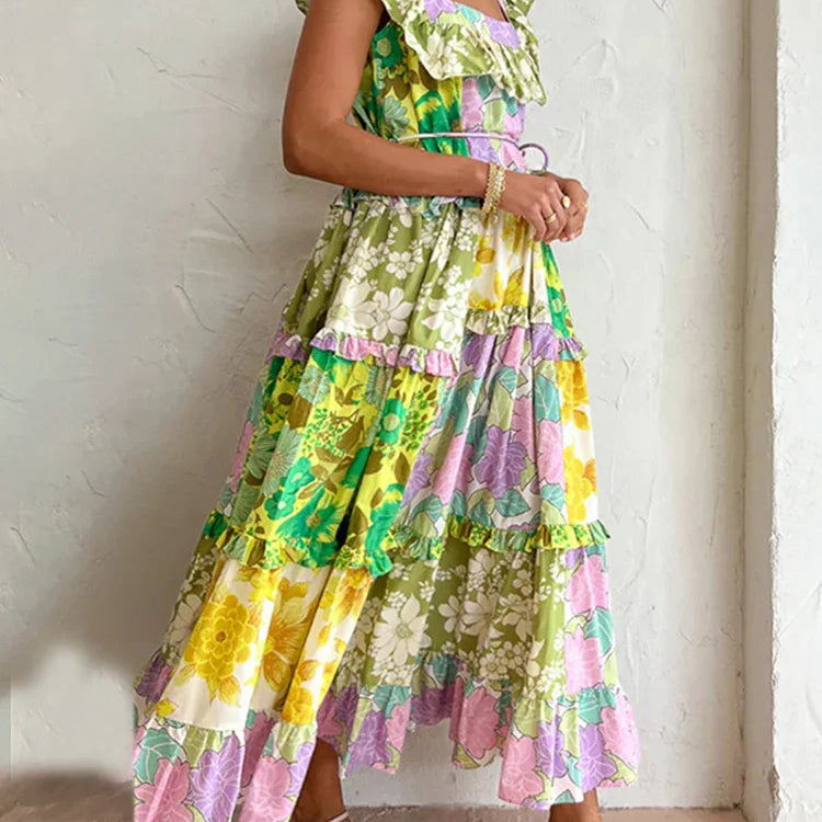 LGRQ Trendy Ruched Hemline Design Printed Long Dresses Summer Ruffle Fashion Sleeveless Elegant Luxury Dress Girls 19F1381