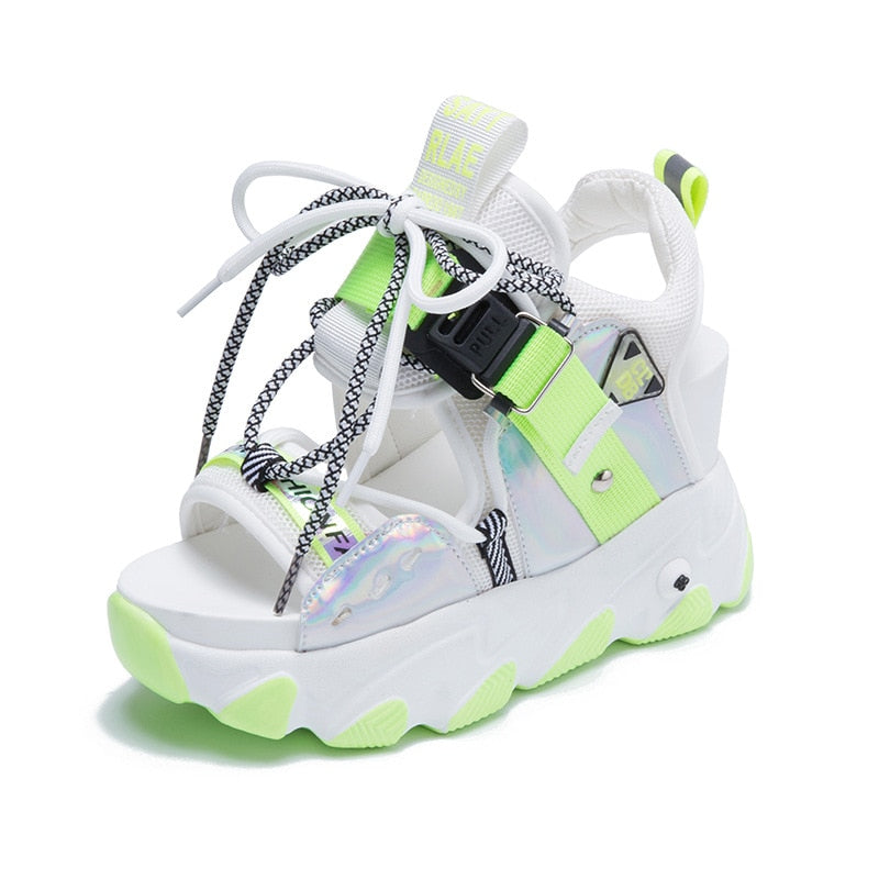 Women Chunky Platform Sandals Designers New Brand 2024 Summer Beach Casual Shoes Woman Lace Up Wedges 9CM Fashion Sandal Ladies2 Green